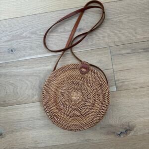 Street Level Handwoven Round Rattan Leather Straps Crossbody Shoulder Bag